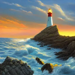 The finished painting of a lighthouse on a rocky coast at sunset